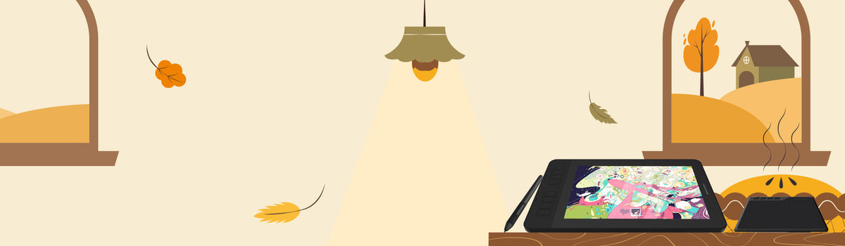 A stylized flat illustration of a cozy autumn interior scene with a tablet on a table, a hanging light, falling leaves, and window views of a small house and trees.