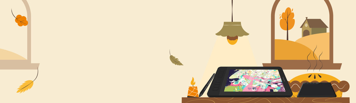 A stylized autumn-themed illustration showing a tablet on a desk with a stylus, a hanging lamp, falling leaves, a window view of a house, and warm seasonal decor on a beige background.