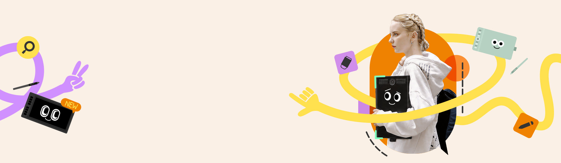A stylized promotional graphic on a light beige background featuring a woman in a white hoodie with a black backpack, surrounded by playful illustrated elements including a yellow loop, purple and orange shapes, and small cartoon devices.